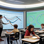 A vibrant, futuristic classroom scene where complex abstract concepts like economic curves and historical timelines are vividly brought to life through dynamic, interactive projections and visual simulations. Students are visibly engaged, experiencing an "aha moment" of understanding as the "fog clears," emphasizing the profound clarity and impact of information visualization.