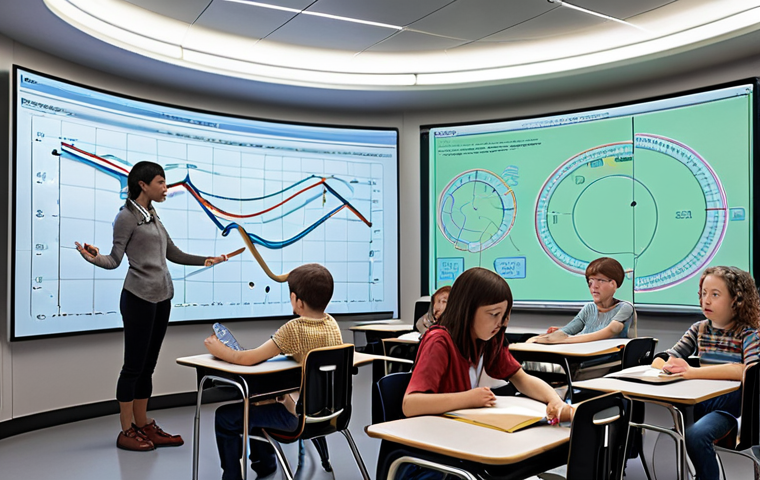A vibrant, futuristic classroom scene where complex abstract concepts like economic curves and historical timelines are vividly brought to life through dynamic, interactive projections and visual simulations. Students are visibly engaged, experiencing an "aha moment" of understanding as the "fog clears," emphasizing the profound clarity and impact of information visualization.