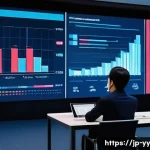 비즈니스 데이터 시각화의 베스트 프랙티스 - A modern business meeting scene in a sleek conference room with Japanese professionals analyzing lar...