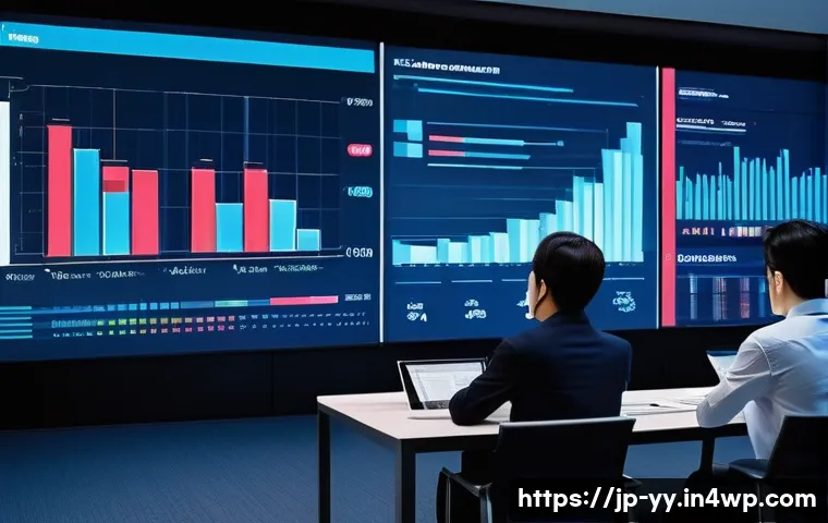 비즈니스 데이터 시각화의 베스트 프랙티스 - A modern business meeting scene in a sleek conference room with Japanese professionals analyzing lar...