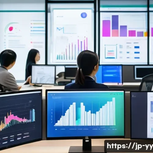 정보 시각화의 법적 고려사항 - A modern Japanese office setting with diverse professionals collaborating around a digital screen di...