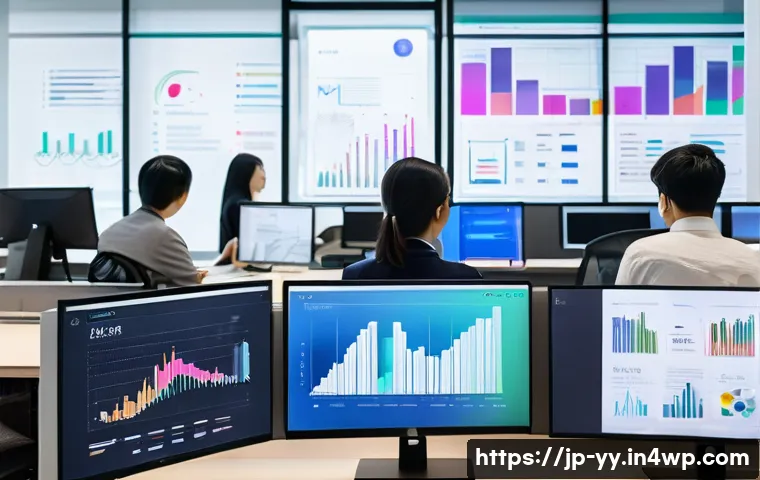 정보 시각화의 법적 고려사항 - A modern Japanese office setting with diverse professionals collaborating around a digital screen di...