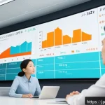 정보 시각화의 사례 분석과 그 교훈 - A modern Japanese office scene where a diverse group of professionals attentively watch a large digi...