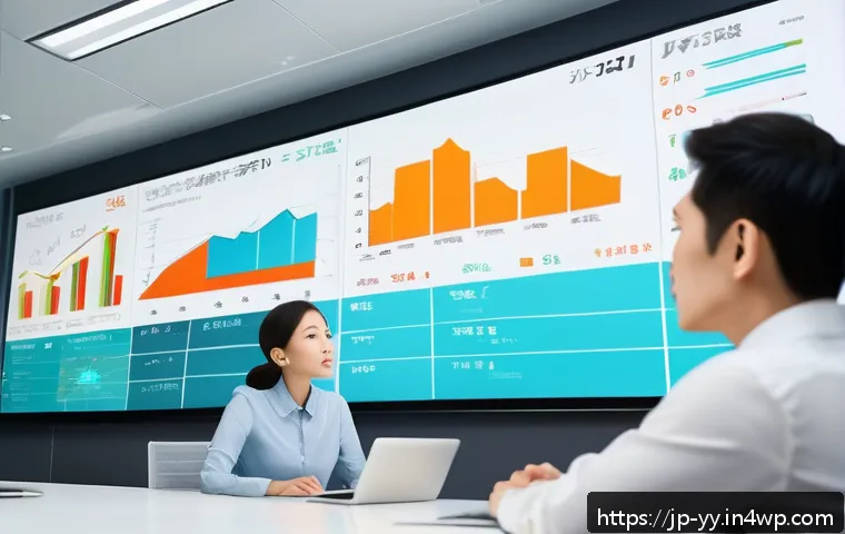 정보 시각화의 사례 분석과 그 교훈 - A modern Japanese office scene where a diverse group of professionals attentively watch a large digi...