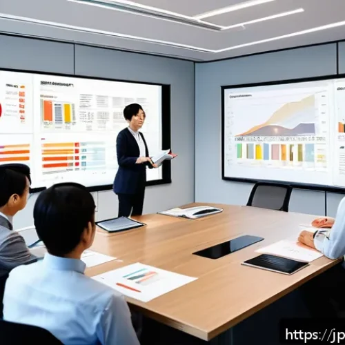 시각화의 힘  데이터 기반 의사결정의 중요성 - A modern Japanese office meeting scene featuring diverse professionals gathered around a large table...