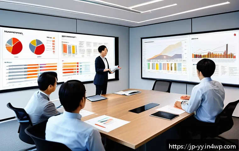 시각화의 힘  데이터 기반 의사결정의 중요성 - A modern Japanese office meeting scene featuring diverse professionals gathered around a large table...