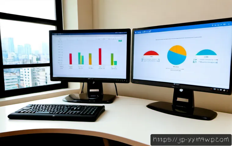 정보 시각화를 위한 차트 라이브러리 비교 - Photorealistic modern Japanese office desk, dual widescreen monitors showing distinctly different un...