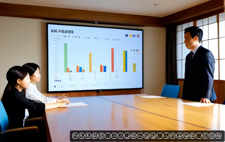 효과적인 데이터 시각화를 위한 스토리라인 구성 - Photorealistic modern Japanese business meeting, a diverse team of professionals gathered around a c...